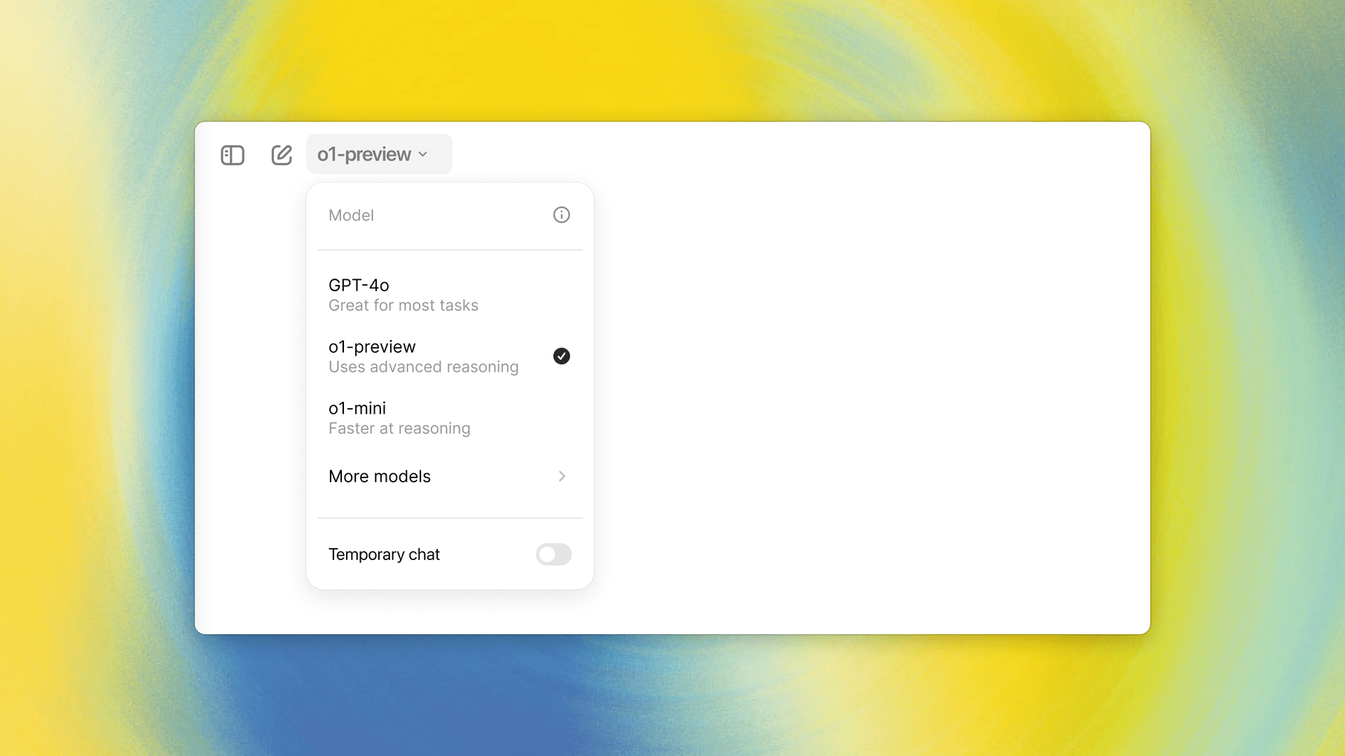 o1-preview geselecteerd in een dropdown met keuzes voor AI modellen van OpenAI